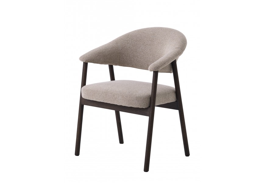 Škandinávska severská jedálenská stolička Bodil s čalúneným sedadlom a opierkou so štruktúrovaným poťahom v svetlej hnedej farbe s rámom z kovu s valcovitými nožičkami v tmavej čokoládovej hnedej farbe s jemnou kresbou letokruhov