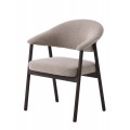 Škandinávska severská jedálenská stolička Bodil s čalúneným sedadlom a opierkou so štruktúrovaným poťahom v svetlej hnedej farbe s rámom z kovu s valcovitými nožičkami v tmavej čokoládovej hnedej farbe s jemnou kresbou letokruhov