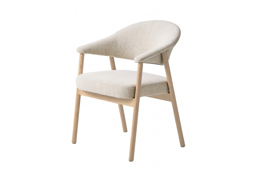 Moderná masívna jedálenská stolička Bodil s čalúneným sedadlom a opierkou s poťahom zo ženilkového mikrovlákna v krémovom bielom prevedení s konštrukciou z dreva vo svetlom hnedom dizajne bieleného duba