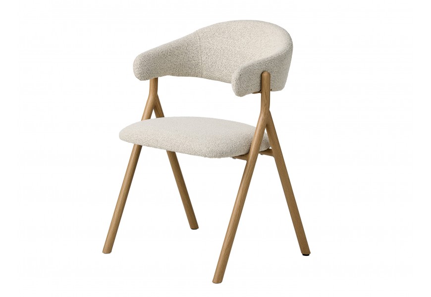 Moderná škandinávska jedálenská stolička Alia s čalúneným sedadlom a chrbtovou opierkou v tvare U s poťahom v bielej farbe s béžovým melírovaným efektom s drevenou konštrukciou vo svetlom hnedom naturálnom dubovom prevedení