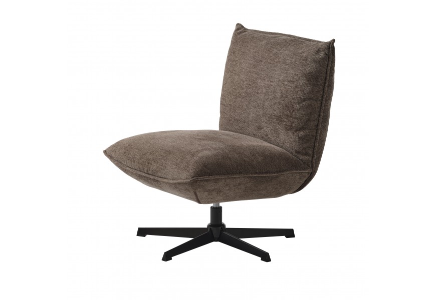 Dizajnové škandinávske minimalistické čalúnené kreslo Nielsen s kovovou nohou v čiernej farbe s piatimi ramenami a sedacou časťou bez bočných opierok a poťahom so ženilkového mikrovlákna v hnedej farbe