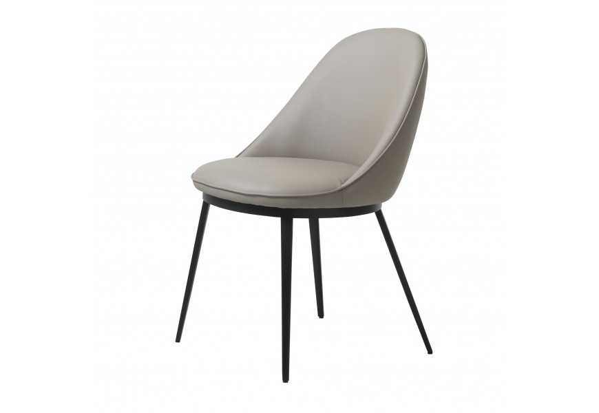 Dizajnová kožená jedálenská stolička Gamla s okrúhlym sedadlom a zaoblenou opierkou s poťahom z ekokože v taupe odtieni v hnedosivej farbe so štíhlymi kovovými nožičkami v čiernej farbe