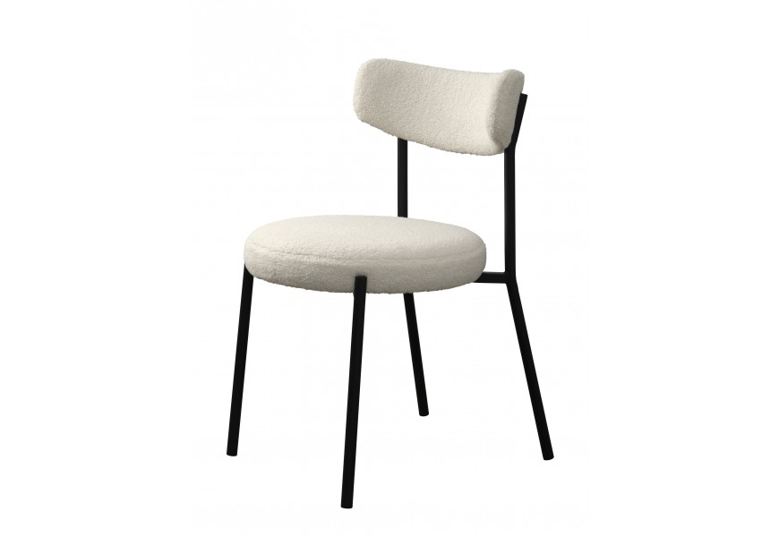 Moderná dizajnová okrúhla jedálenská stolička Edna s čalúneným sedadlom a chrbtovou opierkou s poťahom z buklé v bielej farbe s konštrukciou z kovu v čiernej farbe