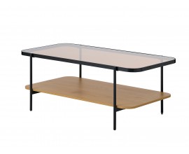 Industri&aacute;lny obdĺžnikov&yacute; konferenčn&yacute; stol&iacute;k Sonny s hnedou sklenenou doskou a dubovou policou s čiernym r&aacute;mom 120 cm