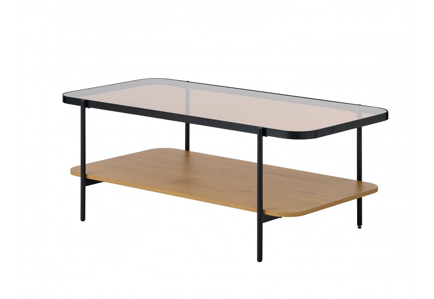 Retro sklenený konferenčný stolík Sonny s obdĺžnikovou vrchnou doskou z hnedého tónovaného bezpečnostného skla s konštrukciou z kovu v čiernej farbe a policou z melamínovej dyhy v svetlom hnedom dubovom prevedení