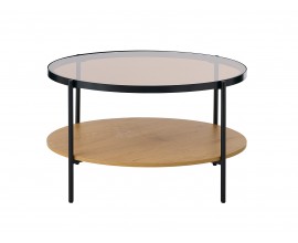 Sklenen&yacute; retro konferenčn&yacute; stol&iacute;k Sonny s okr&uacute;hlou vrchnou priehľadnou doskou s hned&yacute;m t&oacute;novan&iacute;m s kovov&yacute;m r&aacute;mom v čiernej farbe a policou z melam&iacute;novej dyhy v svetlom hnedom dubovom preveden&iacute;