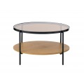 Sklenený retro konferenčný stolík Sonny s okrúhlou vrchnou priehľadnou doskou s hnedým tónovaním s kovovým rámom v čiernej farbe a policou z melamínovej dyhy v svetlom hnedom dubovom prevedení