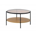 Industri&aacute;lny okr&uacute;hly konferenčn&yacute; stol&iacute;k Sonny s hnedou sklenenou doskou s dubovou policou s čiernym kovov&yacute;m r&aacute;mom 84 cm
