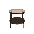 Industriálny okrúhly príručný stolík Sonny s okrúhlou priehľadnou doskou z hnedého tónovaného skla s policou z melamínovej dyhy v tmavom hnedom dubovom prevedení s konštrukciou z kovu v čiernej matnej farbe