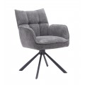 Moderné otočné jedálenské kreslo Laerke s opierkami na ruky prešívaným obdĺžnikovým vzorom so ženilkovým poťahom so zamatovým leskom v sivej farbe s podstavou z kovu v čiernej farbe so štyrmi šikmými nohami