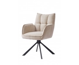 Modern&aacute; &scaron;kandin&aacute;vska kr&eacute;mov&aacute; jed&aacute;lensk&aacute; stolička v odtieni ľanu s otočnou sedacou časťou so ženilkov&yacute;m poťahom s pre&scaron;&iacute;van&iacute;m s obdĺžnikov&yacute;m vzorom na opierke s bočn&yacute;mi opierkami na ruky s podstavou z kovu v čiernej farbe so &scaron;tyrmi &scaron;ikm&yacute;mi ramenami