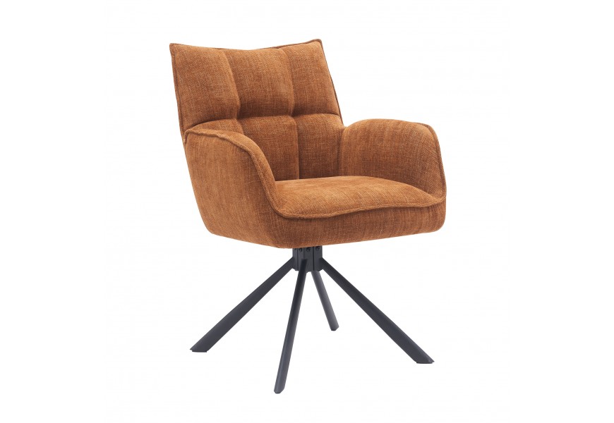 Moderná dizajnová čalúená jedálenská stolička Laerke s opierkami na ruky s otočnou sedacou časťou so ženilkovým poťahom v svetlej oranžovej farbe v hrdzavom odtieni s podstavou zo štyrmi ramenami z kovu v čiernej farbe