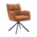 Moderná dizajnová čalúená jedálenská stolička Laerke s opierkami na ruky s otočnou sedacou časťou so ženilkovým poťahom v svetlej oranžovej farbe v hrdzavom odtieni s podstavou zo štyrmi ramenami z kovu v čiernej farbe
