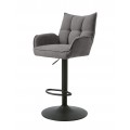 Moderná výškovo nastaviteľná barová stolička Laerke s čalúnenou sedacou časťou s nízkymi opierkami na ruky a lineárnym prešívaním s obdĺžnikovým vzorom s ženilkovým poťahom v sivej farbe s podstavou z kovu v matnom čiernom prevedení