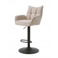 Moderná industriálna výškovo nastaviteľná barová stolička Laerke so ženilkovým čalúnením so zamatovým leskom v béžovej farbe v odtieni ľanu s kovovou nohou v čiernej farbe s opierkou na nohy