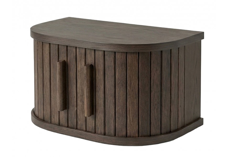 Škandinávsky severský závesný nočný stolík Alborg s poloblúkovou vrchnou doskou a úložným priestorom s posuvnými dvierkami s lamelovým dizajnom