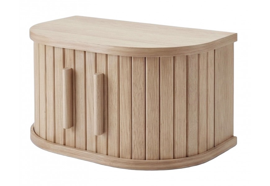 Dizajnový retro nástenný nočný stolík Alborg v poloblúkovom tvare s posuvnými dvierkami v valcovitými úchytkami a lamelovým dizajnom v svetlej hnedej prírodnej dubovej farbe s priznanou kresbou letokruhov