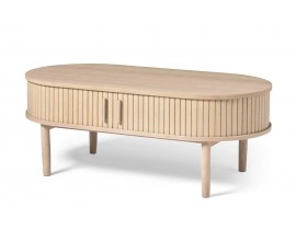 Retro svetl&yacute; hned&yacute; konferenčn&yacute; stol&iacute;k Alborg v dubovom preveden&iacute; s ov&aacute;lnou vrchnou doskou a valcovit&yacute;mi nožičkami s &uacute;ložn&yacute;m priestorom s posuvn&yacute;mi dvierkami s vertik&aacute;lnym lamelov&yacute;m dizajnom