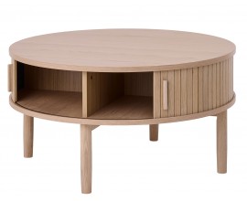 &Scaron;kandin&aacute;vsky okr&uacute;hly konferenčn&yacute; stol&iacute;k Alborg s &uacute;ložn&yacute;m priestorom a lamelov&yacute;m dizajnom v svetlej hnedej dubovej farbe 85 cm