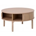 Retro svetlý hnedý dubový konferenčný stolík Alborg s okrúhlou vrchnou doskou s úložným priestorom s dvojitými posuvnými dvierkami s vertikálnymi lamelami na štyroch valcovitých nožičkách
