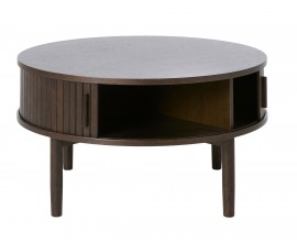 &Scaron;kandin&aacute;vsky seversk&yacute; konferenčn&yacute; stol&iacute;k Alborg s okr&uacute;hlou vrchnou doskou a &uacute;ložn&yacute;m priestorom s posuvn&yacute;mi dvierkami s lamelov&yacute;m dizajnom so &scaron;tyrmi nohami v tmavom hnedom dubovom preveden&iacute;