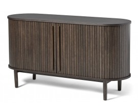 Retro ov&aacute;lny dvojdverov&yacute; pr&iacute;born&iacute;k Alborg s lamelov&yacute;m dizajnom posuvn&yacute;ch dvierok v tmavom hnedom dubovom preveden&iacute; 140 cm