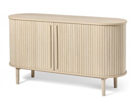 &Scaron;kandin&aacute;vsky ov&aacute;lny dvojdverov&yacute; pr&iacute;born&iacute;k Alborg s lamelov&yacute;m dizajnom v svetlom hnedom dubovom preveden&iacute; 140 cm