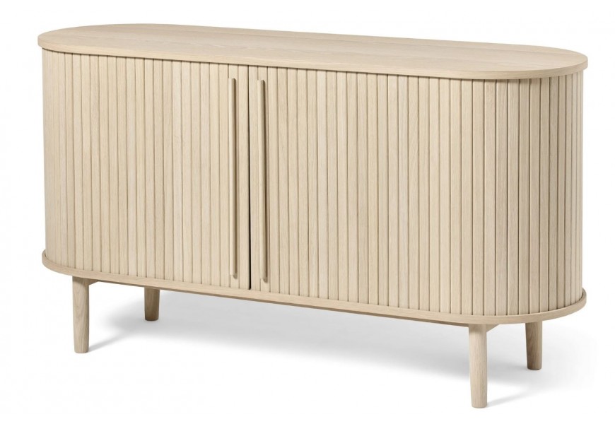 Retro svetlý hnedý dubový príborník Alborg oválneho tvaru s dvomi posuvnými dvierkami s lamelovým dizajnom s valcovitými nožičkami