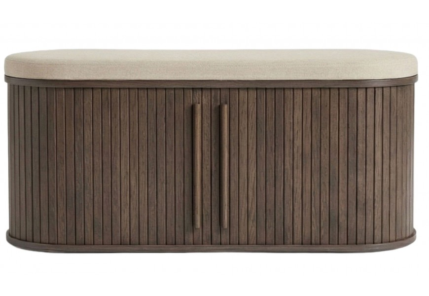 Škandinávska lavica Alborg v tmavom hnedom dubovom prevedení s oválnym sedadlom s béžovým ženilkovým poťahom s úložným priestorom s posuvnými dvierkami s lamelovým dizajnom