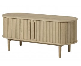 &Scaron;kandin&aacute;vsky ov&aacute;lny TV stol&iacute;k Alborg s posuvn&yacute;mi lamelov&yacute;mi dvierkami v svetlom hnedom dubovom preveden&iacute; 140 cm