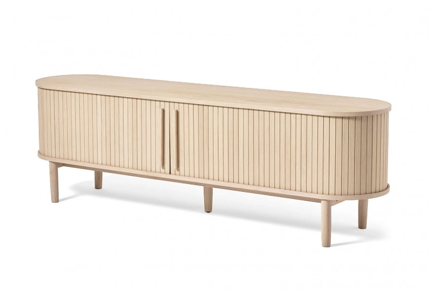 Retro oválny dvojdverový televízny stolík Alborg s lamelovými posuvnými dvierkami s valcovitou úchytkou s piatimi nožičkami v prírodnej svetlej hnedej farbe s dubovým dizajnom