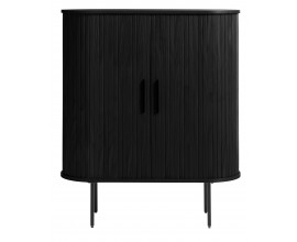 Retro ov&aacute;lna čierna barov&aacute; skrinka Bornholm  dvomi posuvn&yacute;mi lamelov&yacute;mi dvierkami a kovov&yacute;mi detailmi 118 cm