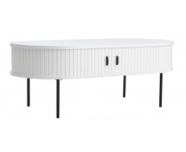 Modern&yacute; ov&aacute;lny konferenčn&yacute; stol&iacute;k Bornholm s &uacute;ložn&yacute;m priestorom s posuvn&yacute;mi dvierkami v bielej farbe s čiernymi detailmi 120 cm