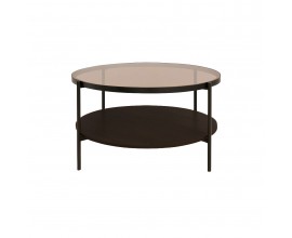 Sklenen&yacute; retro okr&uacute;hly konferenčn&yacute; stol&iacute;k Sonny s priehľadnou doskou z hned&eacute;ho t&oacute;novan&eacute;ho skla s čiernymi kovov&yacute;mi nohami a policou z melam&iacute;novej dyhy v tmavom hnedom dubovom preveden&iacute;