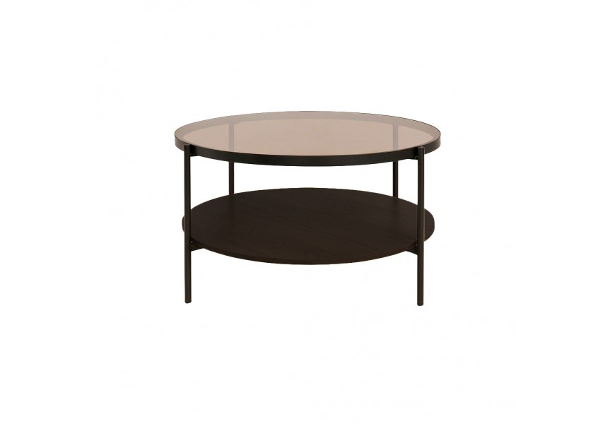 Sklenený retro okrúhly konferenčný stolík Sonny s priehľadnou doskou z hnedého tónovaného skla s čiernymi kovovými nohami a policou z melamínovej dyhy v tmavom hnedom dubovom prevedení