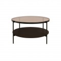 Sklenený retro okrúhly konferenčný stolík Sonny s priehľadnou doskou z hnedého tónovaného skla s čiernymi kovovými nohami a policou z melamínovej dyhy v tmavom hnedom dubovom prevedení