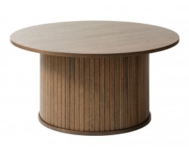 Retro okr&uacute;hly konferenčn&yacute; stol&iacute;k Bornholm s mohutnou nohou s lamelov&yacute;m reli&eacute;fom s tmavom hnedom dubovom preveden&iacute; 90 cm