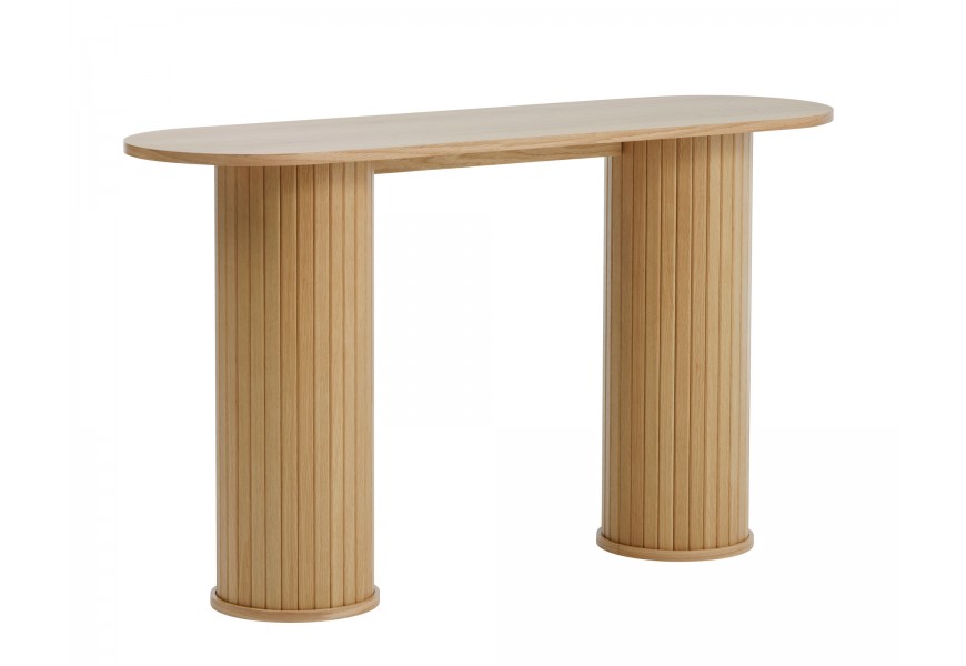 Retro svetlý hnedý dubový konzolový stolík Bornholm s hladkou oválnou vrchnou doskou a dvomi valcovitými nohami s vertikálnym lamelovým reliéfom s dizajnom stĺpov