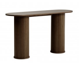 Retro tmav&yacute; hned&yacute; dubov&yacute; konzolov&yacute; stol&iacute;k Bornholm s ov&aacute;lnou doskou a valcovit&yacute;mi nohami s lamelov&yacute;m reli&eacute;fom 130 cm