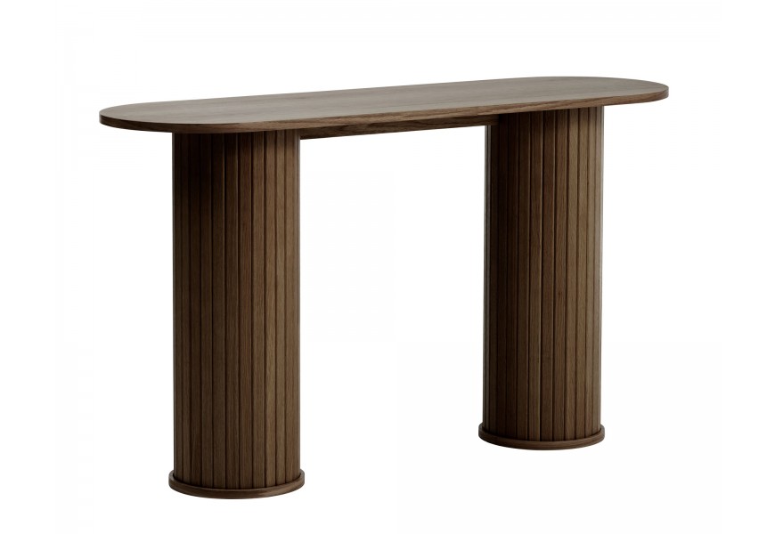 Škandinávsky oválny konzolový stolík Bornholm v tmavom hnedom dubovom prevedení s hladkou doskou a dvomi mohutnými valcovitými nohami s vertikálnymi lamelami
