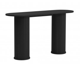 Modern&yacute; čierny konzolov&yacute; stol&iacute;k Bornholm s hladkou ov&aacute;lnou vrchnou doskou a dvomi mohutn&yacute;mi nohami s lamelov&yacute;m reli&eacute;fom 130 cm