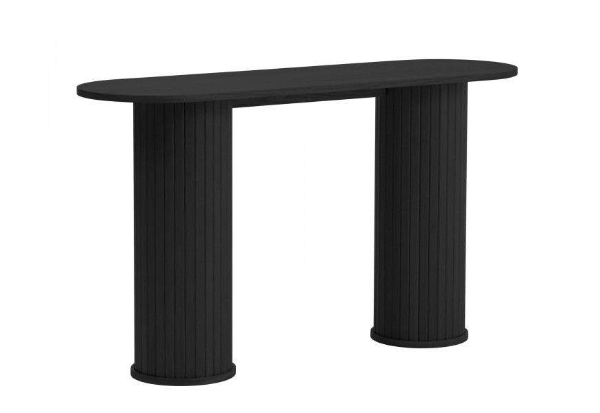 Dizajnový retro oválny konzolový stolík Bornholm v čiernom dubovom prevedení s hladkou doskou a dvomi širokými nohami v tvare valca s vertikálnym lamelovým obkladom