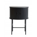 Modern&yacute; polkruhov&yacute; nočn&yacute; stol&iacute;k Bornholm v čiernej farbe s posuvn&yacute;mi lamelov&yacute;mi dvierkami a kovovou podstavou 70 cm