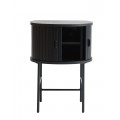 Modern&yacute; polkruhov&yacute; nočn&yacute; stol&iacute;k Bornholm v čiernej farbe s posuvn&yacute;mi lamelov&yacute;mi dvierkami a kovovou podstavou 70 cm