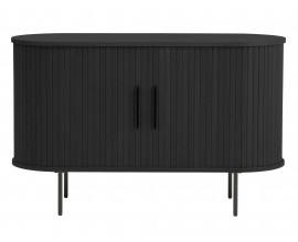 Moderný oválny príborník Bornholm s dvomi posuvnými lamelovými dvierkami s kovovými úchytkami a nohami v čiernej farbe 120 cm