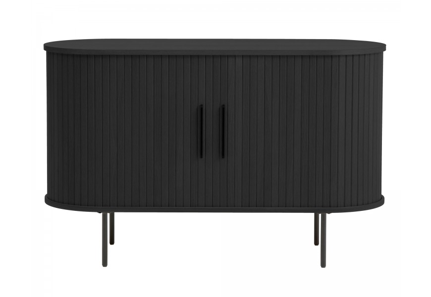 Retro čierny oválny dvojdverový príborník Bornholm s posuvnými dvierkami s lamelovým dekorom a úchytkami a nožičkami z kovu