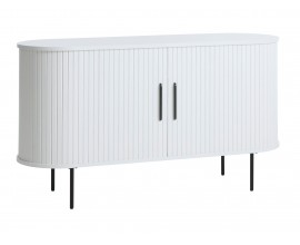 Moderný oválny príborník Bornholm v bielej farbe s dvomi posuvnými dvierkami s lamelovým dekorom a čiernymi detailmi 120 cm