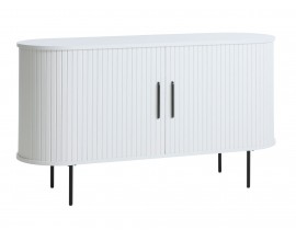 Moderný biely príborník Bornholm oválneho tvaru s dvomi posuvnými dvierkami s lamelovým reliéfom a čiernymi detailmi 140 cm