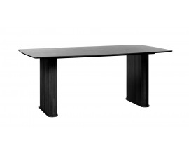 Moderný obdĺžnikový jedálenský stôl Bornholm v čiernej farbe s dvomi nohami s lamelový dekorom a zaoblenou siluetou 190 cm