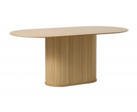 &Scaron;kandin&aacute;vsky ov&aacute;lny jed&aacute;lensk&yacute; st&ocirc;l Bornholm s mohutnou nohou s lamelov&yacute;m dekorom vo svetlom hnedom dubovom preveden&iacute; 180 cm